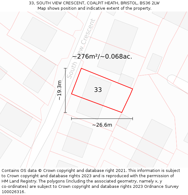 33, SOUTH VIEW CRESCENT, COALPIT HEATH, BRISTOL, BS36 2LW: Plot and title map