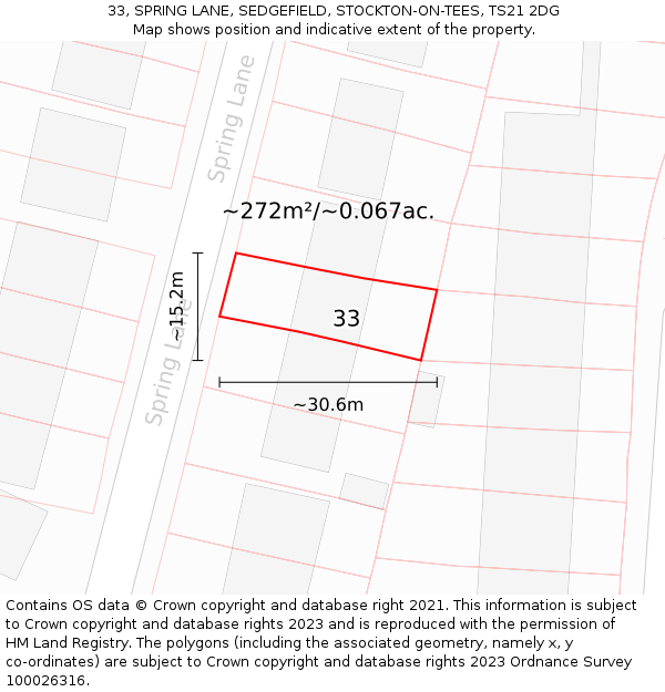 33, SPRING LANE, SEDGEFIELD, STOCKTON-ON-TEES, TS21 2DG: Plot and title map