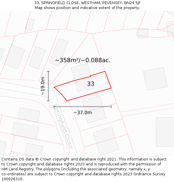 33, SPRINGFIELD CLOSE, WESTHAM, PEVENSEY, BN24 5JF: Plot and title map