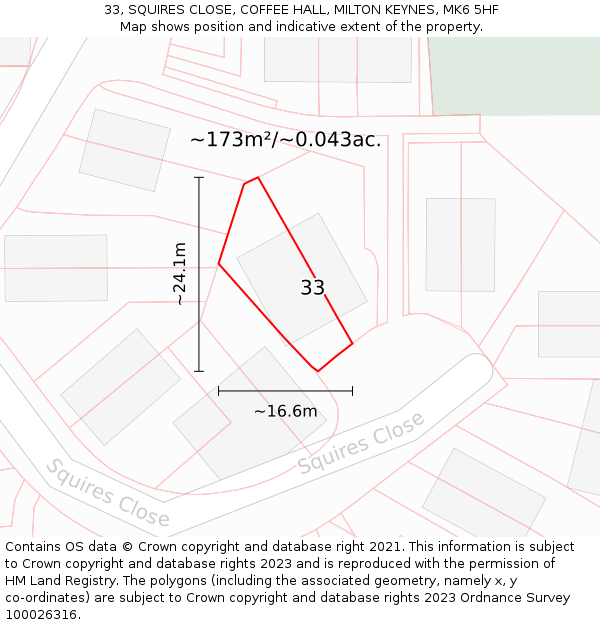 33, SQUIRES CLOSE, COFFEE HALL, MILTON KEYNES, MK6 5HF: Plot and title map