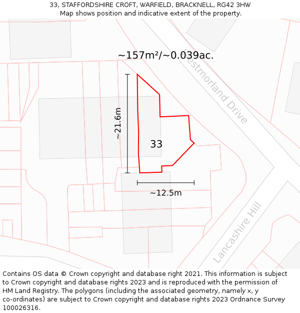 33, STAFFORDSHIRE CROFT, WARFIELD, BRACKNELL, RG42 3HW: Plot and title map