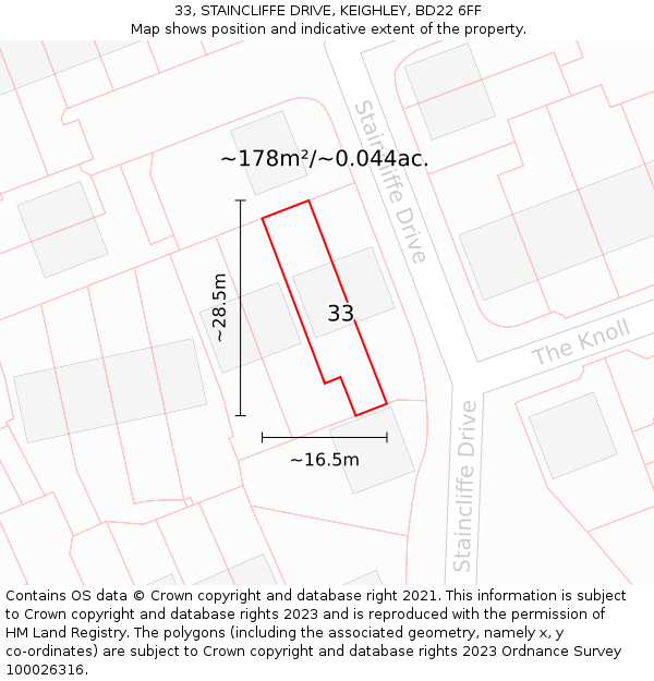 33, STAINCLIFFE DRIVE, KEIGHLEY, BD22 6FF: Plot and title map