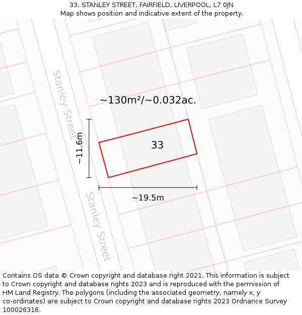 33, STANLEY STREET, FAIRFIELD, LIVERPOOL, L7 0JN: Plot and title map