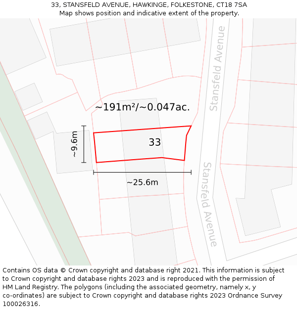 33, STANSFELD AVENUE, HAWKINGE, FOLKESTONE, CT18 7SA: Plot and title map