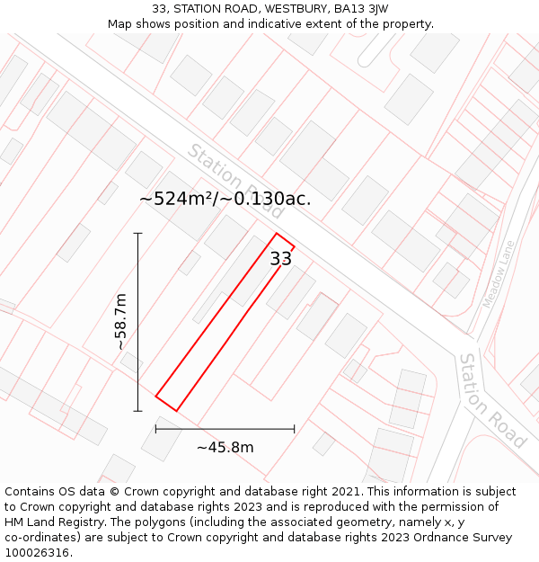 33, STATION ROAD, WESTBURY, BA13 3JW: Plot and title map