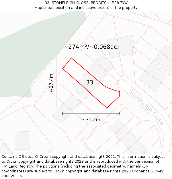 33, STONELEIGH CLOSE, REDDITCH, B98 7YW: Plot and title map