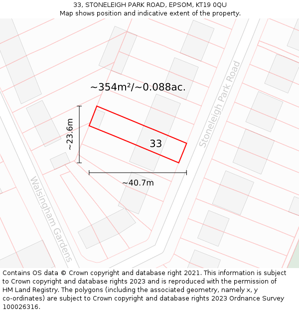 33, STONELEIGH PARK ROAD, EPSOM, KT19 0QU: Plot and title map