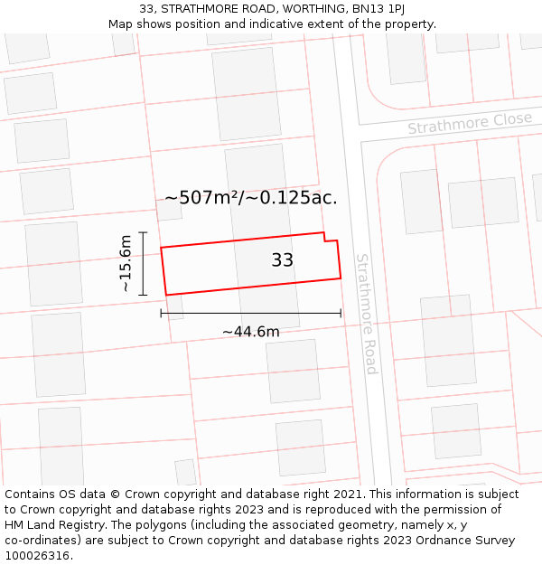 33, STRATHMORE ROAD, WORTHING, BN13 1PJ: Plot and title map