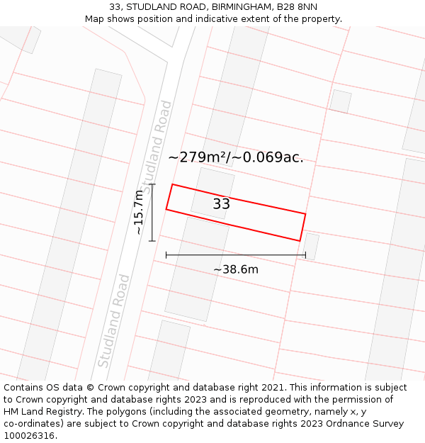 33, STUDLAND ROAD, BIRMINGHAM, B28 8NN: Plot and title map