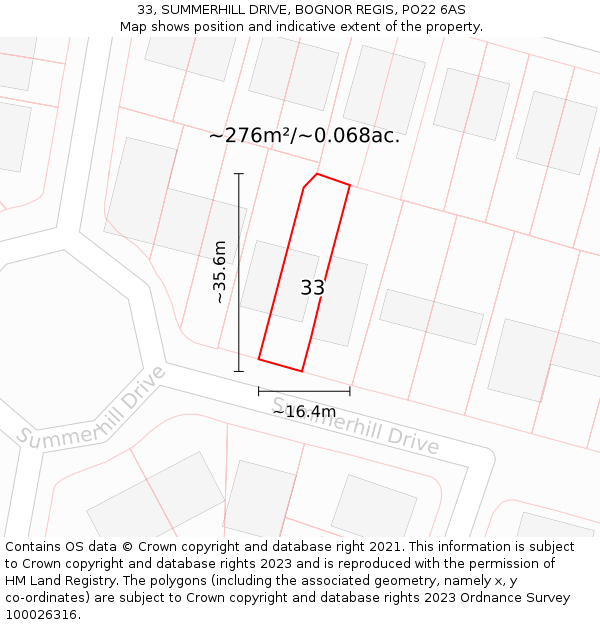 33, SUMMERHILL DRIVE, BOGNOR REGIS, PO22 6AS: Plot and title map