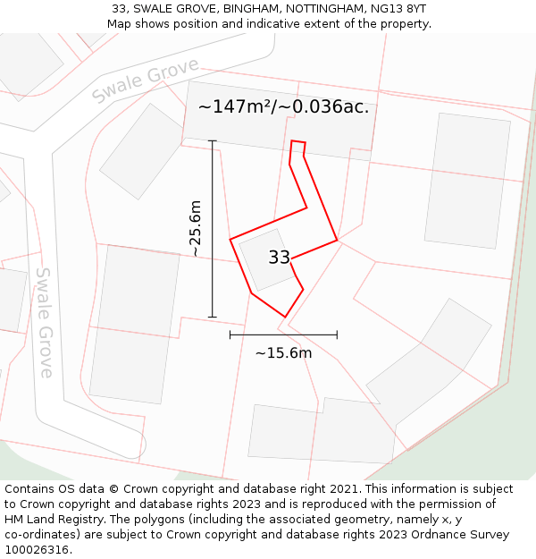 33, SWALE GROVE, BINGHAM, NOTTINGHAM, NG13 8YT: Plot and title map