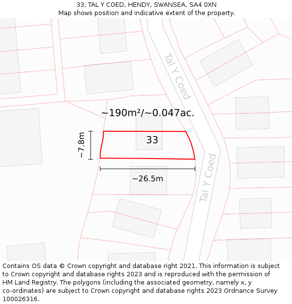 33, TAL Y COED, HENDY, SWANSEA, SA4 0XN: Plot and title map