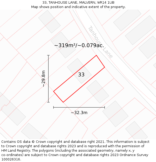33, TANHOUSE LANE, MALVERN, WR14 1UB: Plot and title map