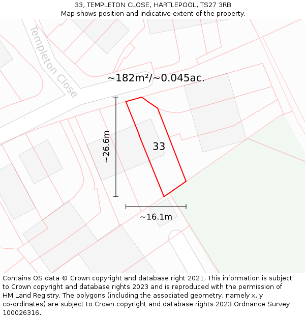 33, TEMPLETON CLOSE, HARTLEPOOL, TS27 3RB: Plot and title map