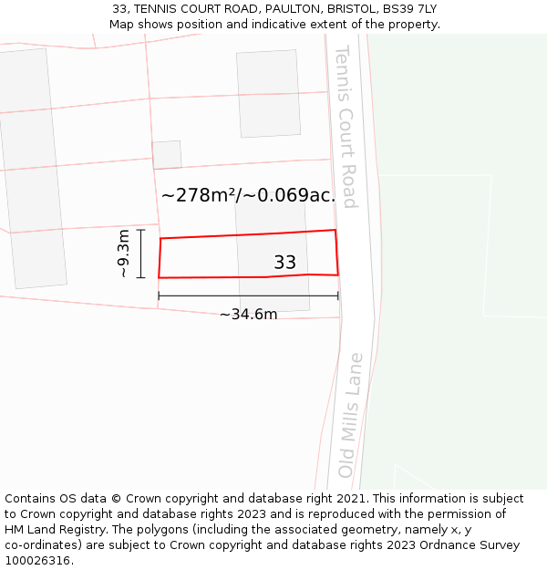 33, TENNIS COURT ROAD, PAULTON, BRISTOL, BS39 7LY: Plot and title map