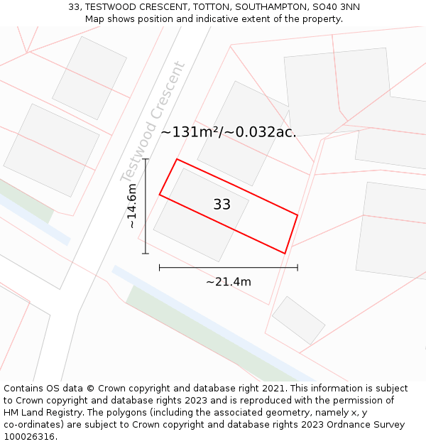 33, TESTWOOD CRESCENT, TOTTON, SOUTHAMPTON, SO40 3NN: Plot and title map