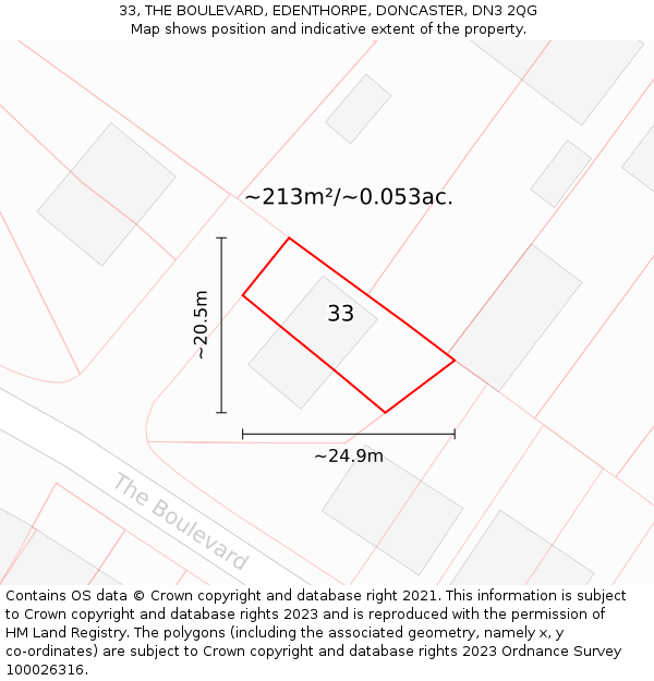 33, THE BOULEVARD, EDENTHORPE, DONCASTER, DN3 2QG: Plot and title map