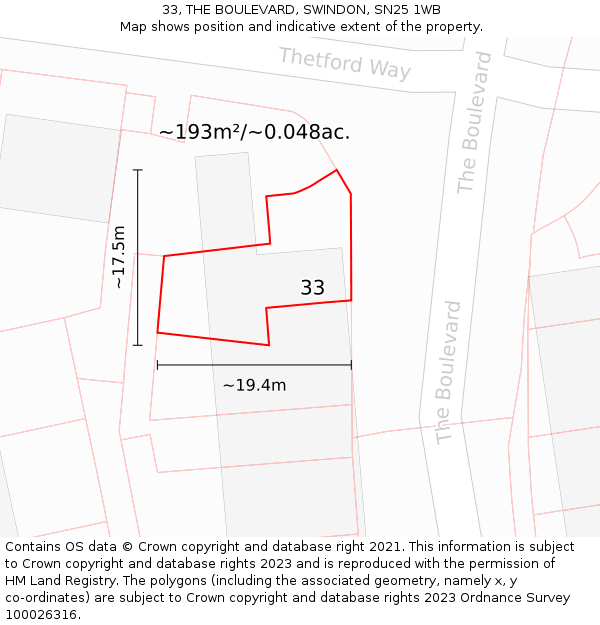 33, THE BOULEVARD, SWINDON, SN25 1WB: Plot and title map