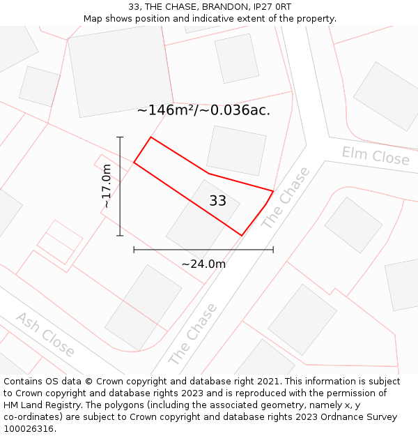 33, THE CHASE, BRANDON, IP27 0RT: Plot and title map