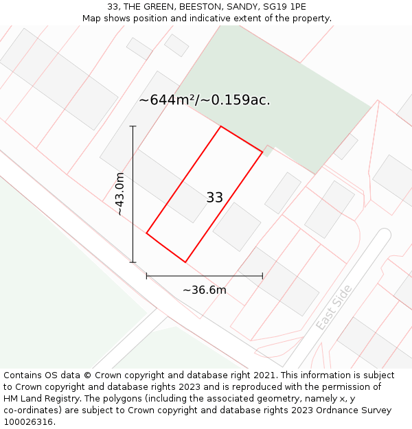 33, THE GREEN, BEESTON, SANDY, SG19 1PE: Plot and title map