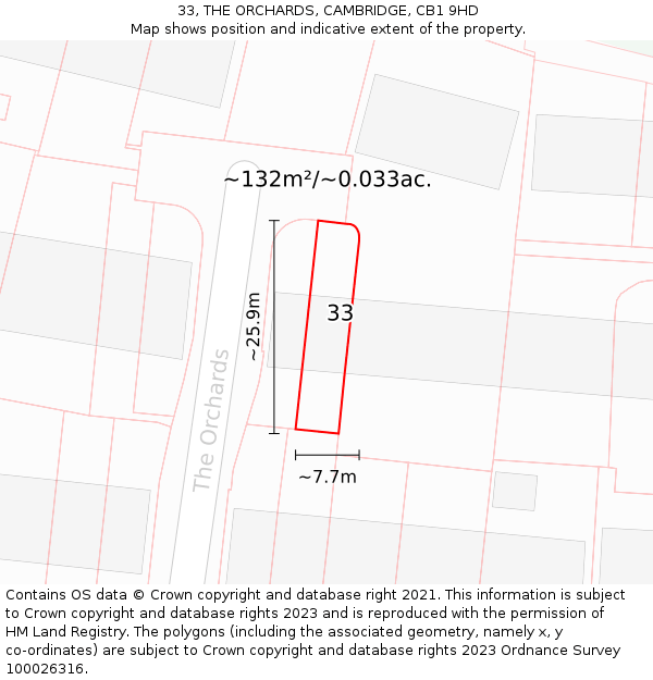 33, THE ORCHARDS, CAMBRIDGE, CB1 9HD: Plot and title map