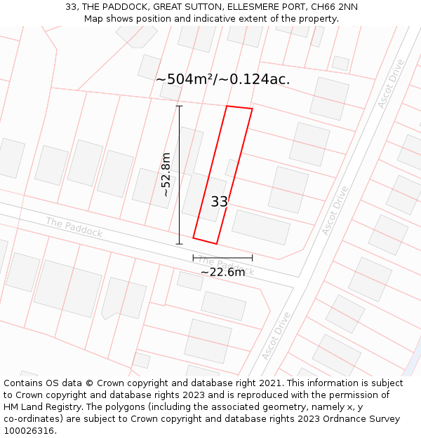 33, THE PADDOCK, GREAT SUTTON, ELLESMERE PORT, CH66 2NN: Plot and title map