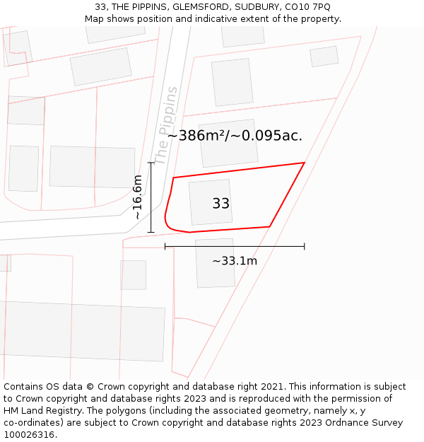 33, THE PIPPINS, GLEMSFORD, SUDBURY, CO10 7PQ: Plot and title map