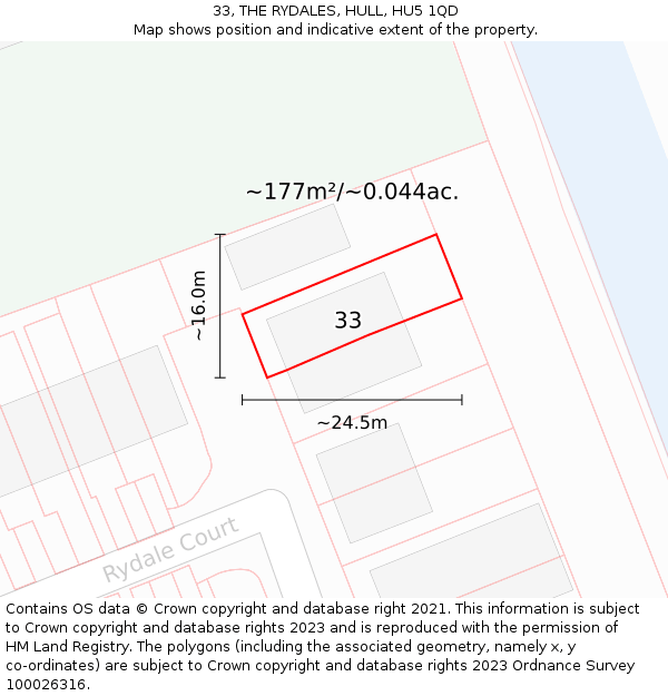 33, THE RYDALES, HULL, HU5 1QD: Plot and title map