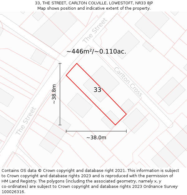 33, THE STREET, CARLTON COLVILLE, LOWESTOFT, NR33 8JP: Plot and title map