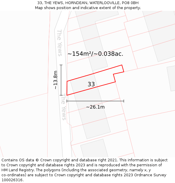 33, THE YEWS, HORNDEAN, WATERLOOVILLE, PO8 0BH: Plot and title map