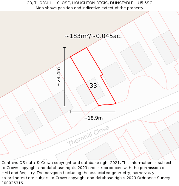 33, THORNHILL CLOSE, HOUGHTON REGIS, DUNSTABLE, LU5 5SG: Plot and title map
