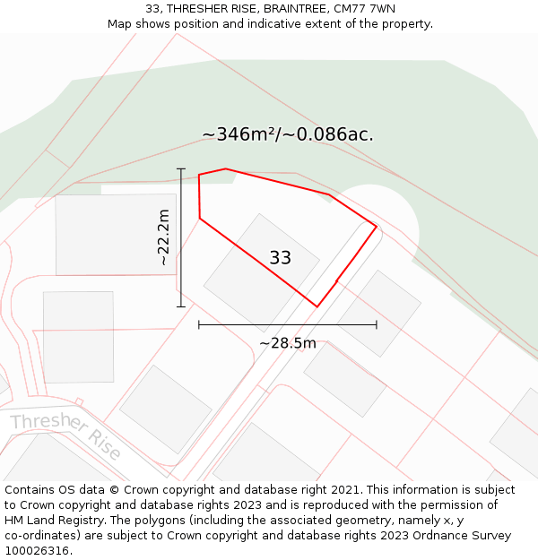 33, THRESHER RISE, BRAINTREE, CM77 7WN: Plot and title map