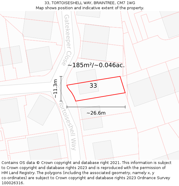 33, TORTOISESHELL WAY, BRAINTREE, CM7 1WG: Plot and title map