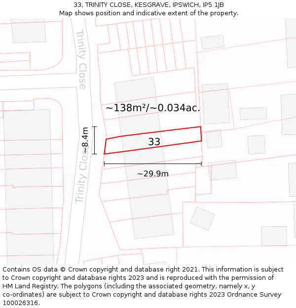 33, TRINITY CLOSE, KESGRAVE, IPSWICH, IP5 1JB: Plot and title map