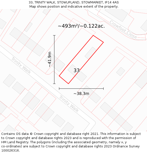 33, TRINITY WALK, STOWUPLAND, STOWMARKET, IP14 4AS: Plot and title map