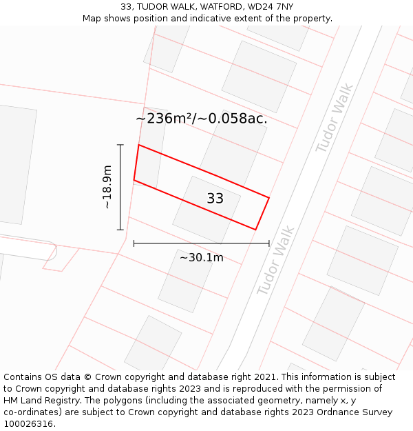 33, TUDOR WALK, WATFORD, WD24 7NY: Plot and title map