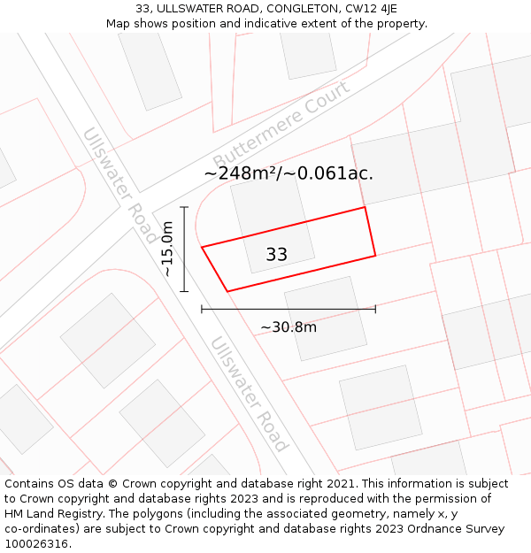 33, ULLSWATER ROAD, CONGLETON, CW12 4JE: Plot and title map