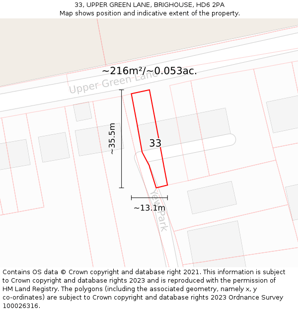 33, UPPER GREEN LANE, BRIGHOUSE, HD6 2PA: Plot and title map