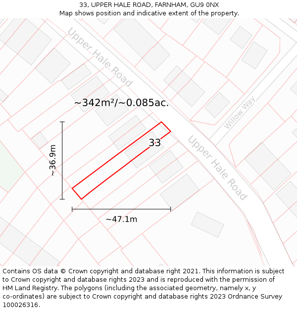 33, UPPER HALE ROAD, FARNHAM, GU9 0NX: Plot and title map