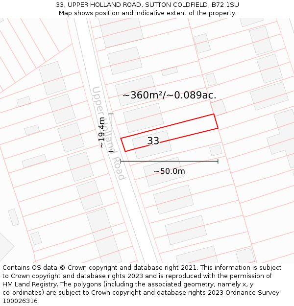 33, UPPER HOLLAND ROAD, SUTTON COLDFIELD, B72 1SU: Plot and title map