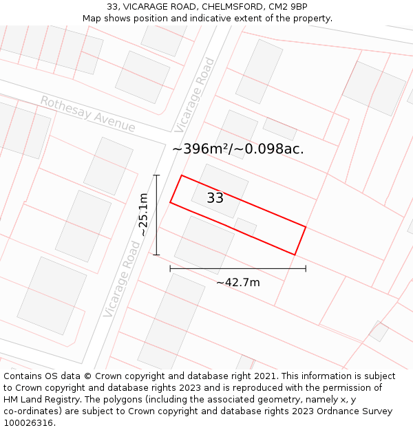 33, VICARAGE ROAD, CHELMSFORD, CM2 9BP: Plot and title map