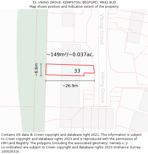 33, VIKING GROVE, KEMPSTON, BEDFORD, MK42 8UD: Plot and title map