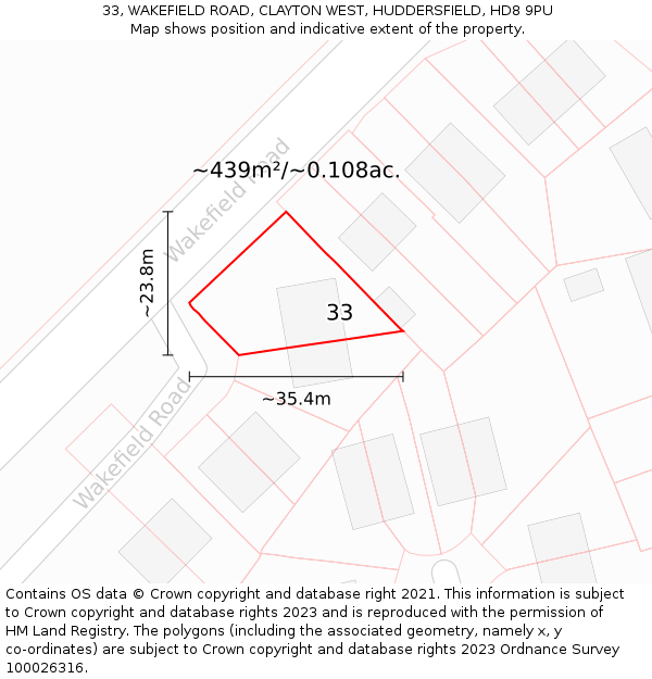 33, WAKEFIELD ROAD, CLAYTON WEST, HUDDERSFIELD, HD8 9PU: Plot and title map