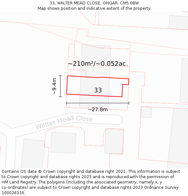 33, WALTER MEAD CLOSE, ONGAR, CM5 0BW: Plot and title map