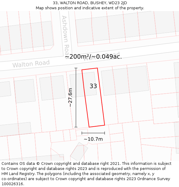 33, WALTON ROAD, BUSHEY, WD23 2JD: Plot and title map