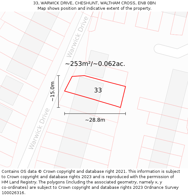 33, WARWICK DRIVE, CHESHUNT, WALTHAM CROSS, EN8 0BN: Plot and title map