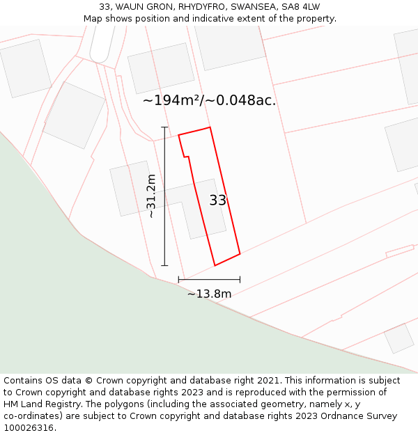 33, WAUN GRON, RHYDYFRO, SWANSEA, SA8 4LW: Plot and title map