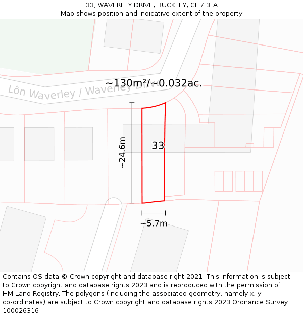 33, WAVERLEY DRIVE, BUCKLEY, CH7 3FA: Plot and title map