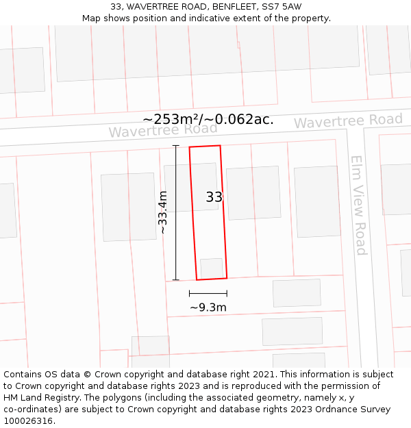 33, WAVERTREE ROAD, BENFLEET, SS7 5AW: Plot and title map