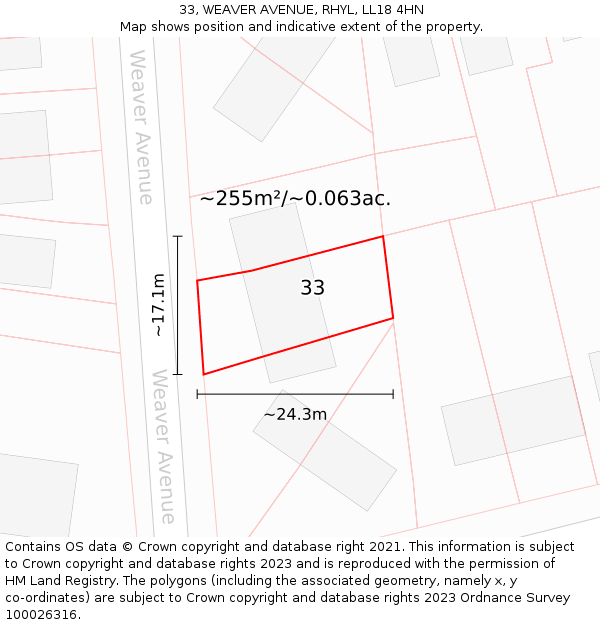 33, WEAVER AVENUE, RHYL, LL18 4HN: Plot and title map